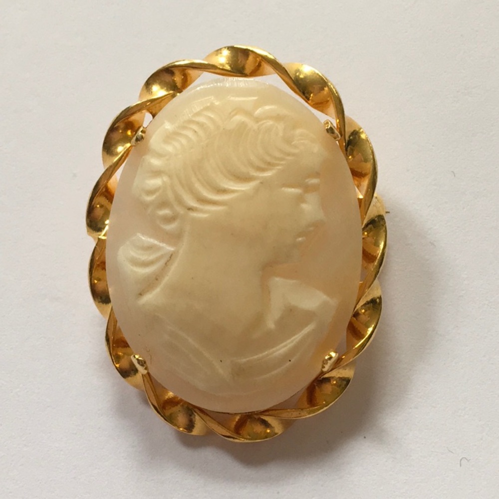 Vintage Carved Shell Transparent Feminine Cameo Pin Brooch Twisted Setting